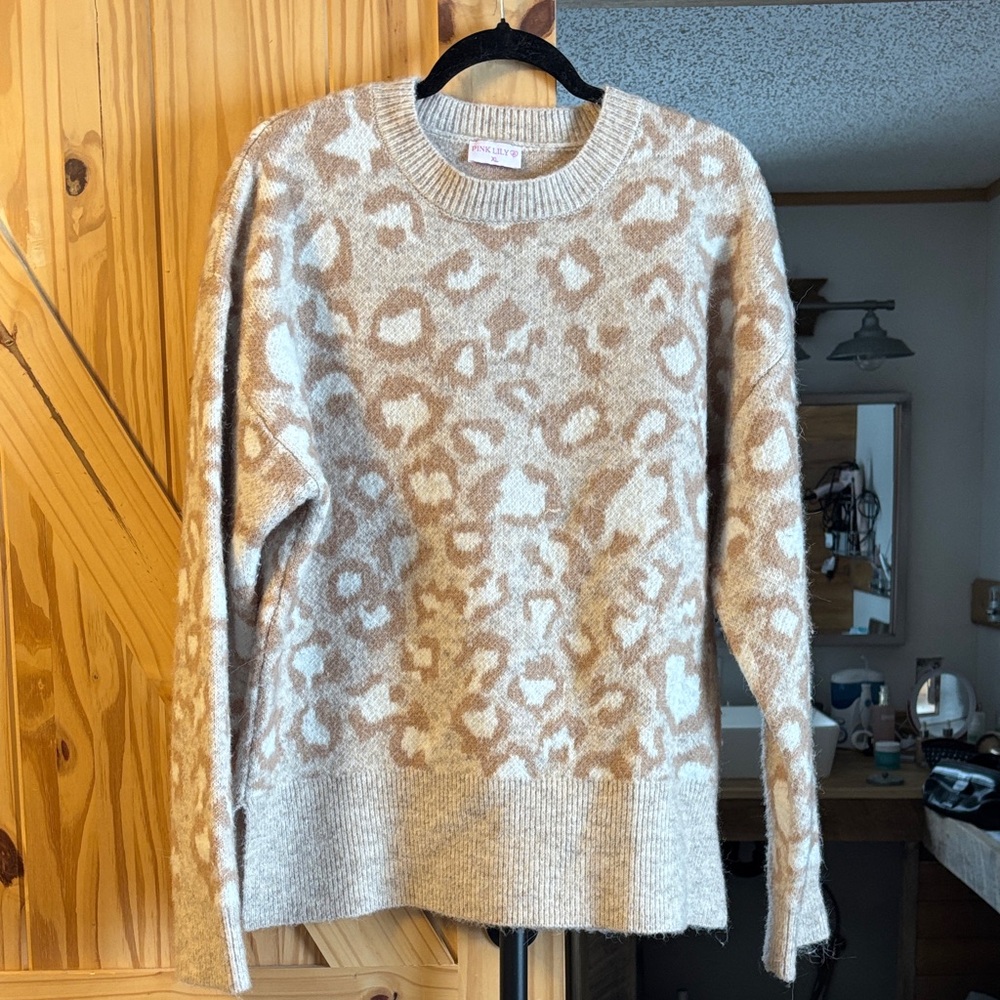 Pink Lily Beige and Cream Leopard Sweater